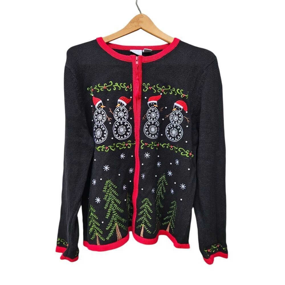 Kim Rogers Black Christmas Snowman Cardian Sweater Full Zip Size XL Holiday